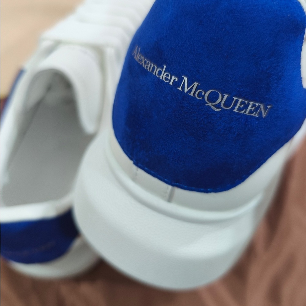 Alexander McQueen White Leather Sneakers with Blue Heel Tab - Picture 7 of 8
